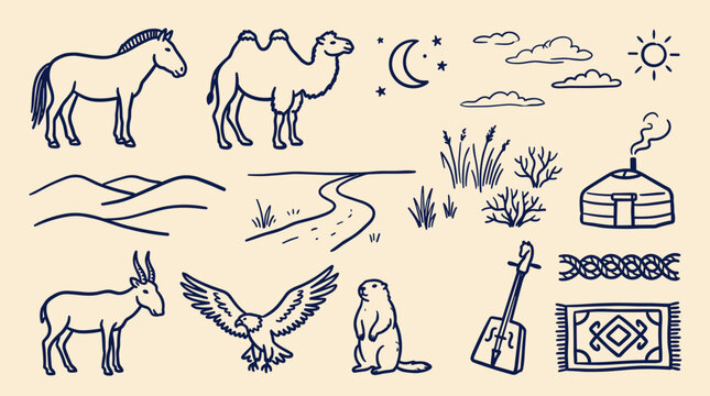 Mongolian nomadic culture elements including animals, yurts, traditional instruments, and desert landscapes in a hand-drawn sketch style