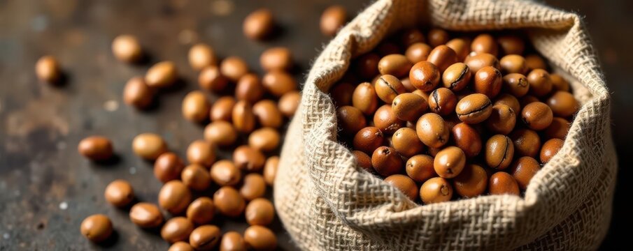 Brown sack filled with speckled bean seeds, overhead shot, sack, vegan, brown
