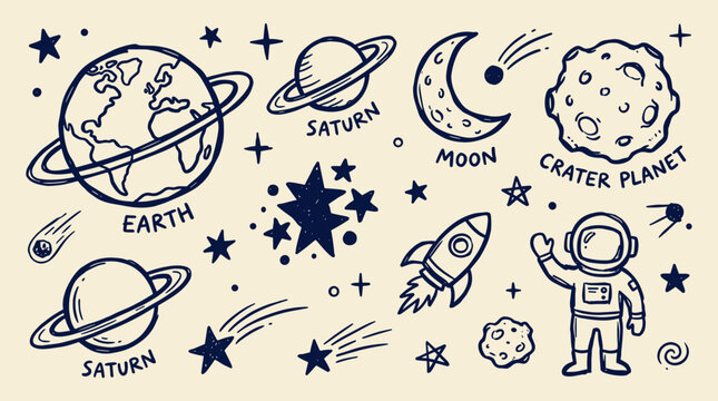 Whimsical hand-drawn space doodles featuring planets earth saturn moon crater planet astronaut rocket stars and comets on a light background