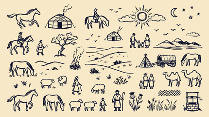 Fototapeta premium Vintage hand drawn sketch of nomadic life with horses camels sheep yurts tents and rural landscape scenes