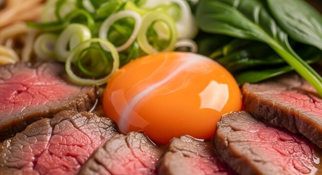 Daging sapi iris tipis dengan kuning telur mentah dan daun bawang segar dalam mangkuk ramen bergaya Jepang yang menggugah selera