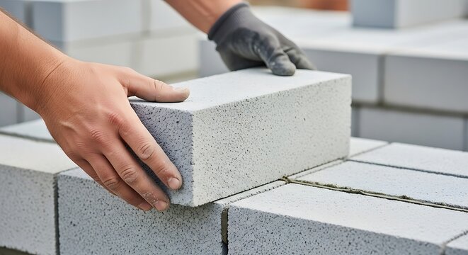 Worker laying lightweight aerated concrete blocks for building a wall