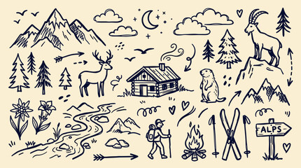 Naklejka premium Hand drawn doodle illustration of alpine mountain landscape with animals, hiker, ski equipment, and flora, representing outdoor adventure and nature