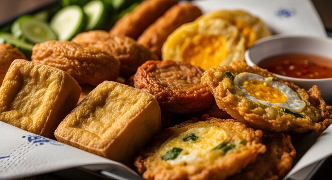 Aneka gorengan tahu bakso ikan dan telur goreng disajikan bersama irisan mentimun dan saus sambal manis pedas yang lezat berkonsep hidangan lokal