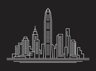 Obraz premium Minimalist City Skyline Line Art Vector Illustration on Black Background - Modern Urban Architecture Outline Graphic