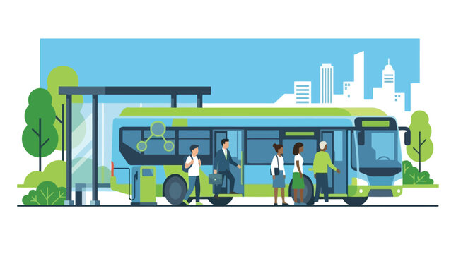 City Bus at Stop Amid Urban Setting.