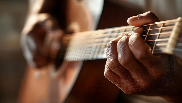 Photo realistic close up of hands playing acoustic guitar strings creative musical performance of guitarist practicing folk music for singer songwriter concert poster or music lesson
