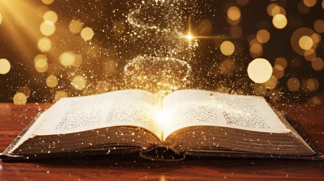 Open book with glowing sparkles on wooden table highlighting geometric patterns and contemporary art