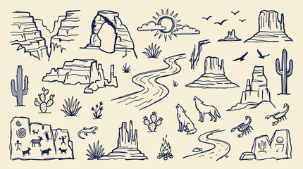 Fototapeta premium Hand drawn sketch of iconic desert landscapes canyons rock formations cacti and wildlife elements in a vintage style illustration for travel and adventure themes