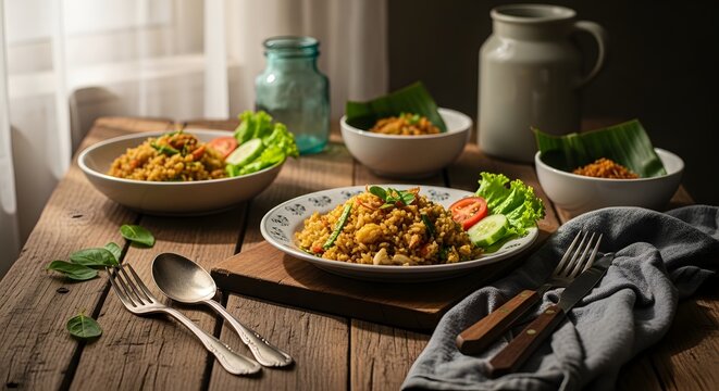 Nasi goreng tradisional Indonesia yang lezat dengan hiasan sayuran segar di piring putih di atas meja kayu bersinar matahari