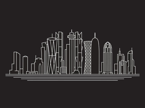 Doha Qatar Skyline Line Art Illustration; Minimalist Modern Urban Cityscape Architecture Outline Vector on Black Background