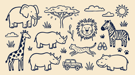 Obraz premium Cute Hand Drawn Safari Animals and Elements Collection for Kids Design
