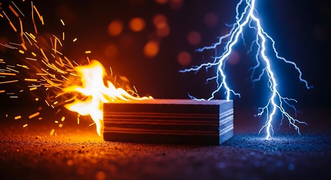 Electric bolts and orange flames engulf a layered block with beautiful bokeh and sharp focus. The cinematic lighting emphasizes the clash of elements. This is ideal for scientific advertising.
