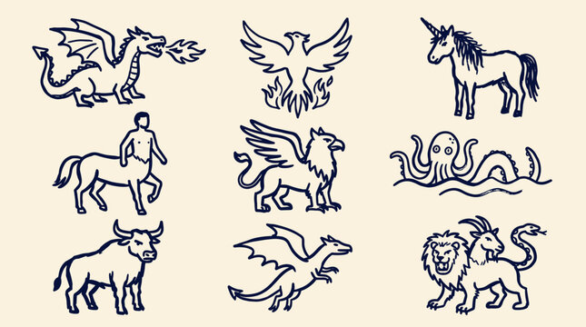 Collection of mythical creatures and fantasy beasts hand drawn in a simple outline style on a plain background