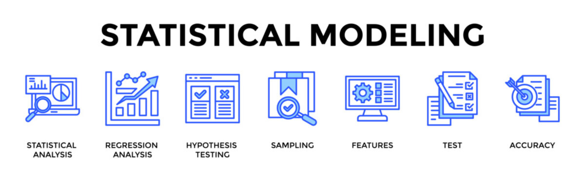 Statistical Modeling  Banner Web  Icon Set Collection Pack Vector Illustration Concept Containing Statistical Analysis, Regression Analysis, Hypothesis Testing, Sampling, Features, Test, Accuracy