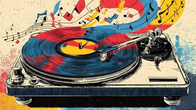 Pop art abstract DJ equipment graphic illustration with vinyl turntable mixer and headphones colorful retro modern electronic dance music concept for nightclub event or EDM festival poster