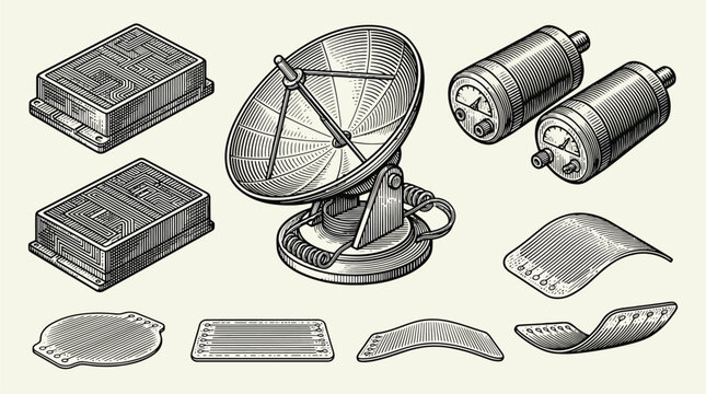 Satellite dish with scientific instruments and plans.