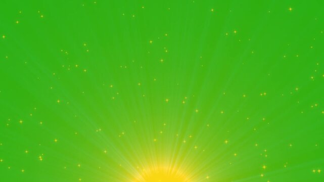 shining golden light rays on green screen with sparkling stars. rising sun beams with gold particles.