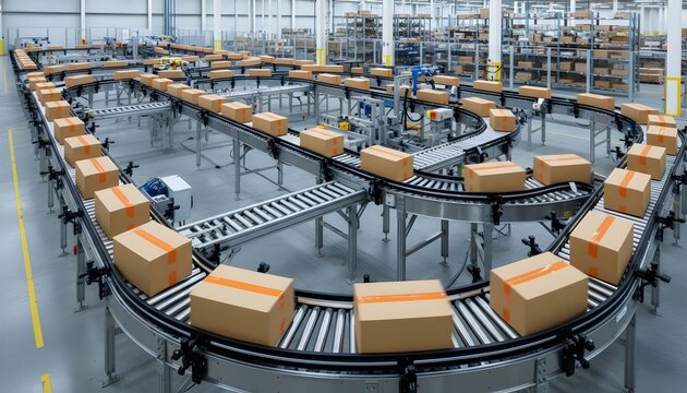 Top view of automated parcel conveyor system with cardboard boxes in modern warehouse logistics hub. Supply Chain & Logistics