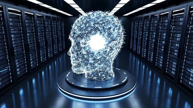 A futuristic digital human head made of glowing blue circuits on a pedestal in a server room