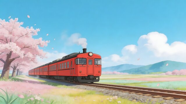 Red train passing through cherry blossom field