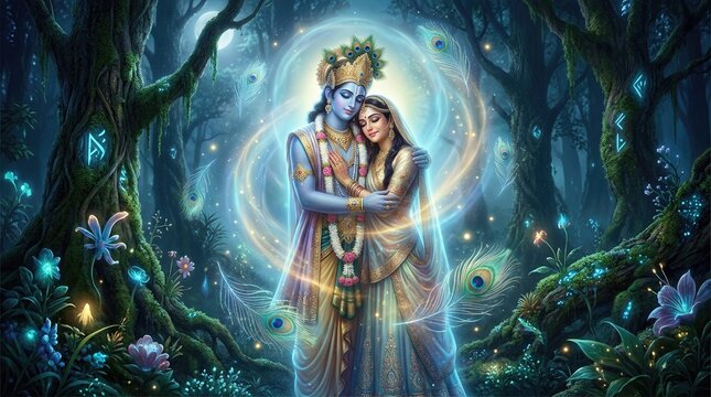 Fantasy Krishna and Radha with Glowing Aura and Mystical Forest Background
