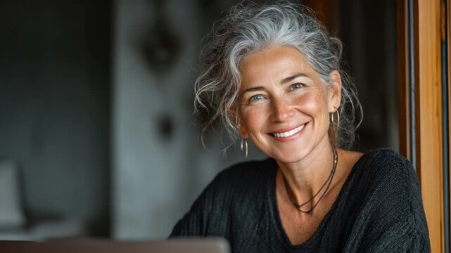 Serene Smile: A portrait of a woman with gray hair, exudes peace, wearing a necklace and earrings, her captivating smile. 