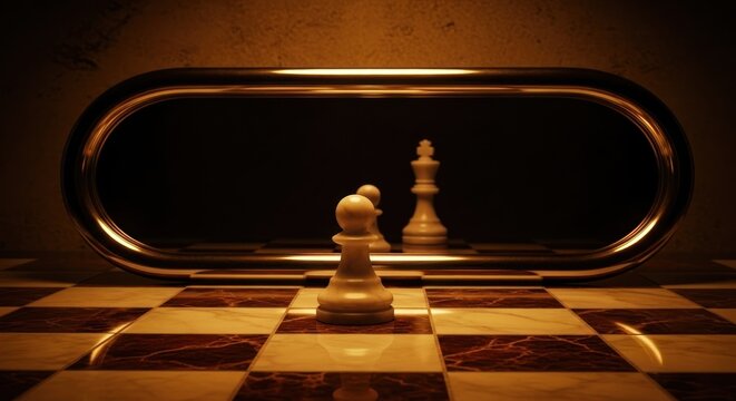 Chess pieces on a board reflected.