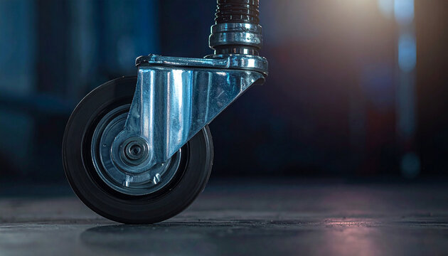Close up of a heavy duty metal caster wheel on a concrete floor industrial