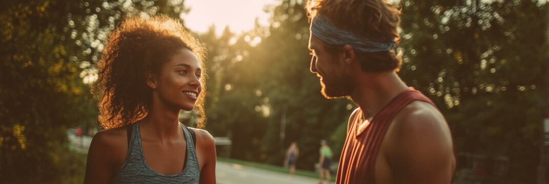 young couple jogging at sunset in park 