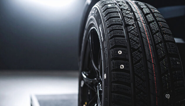 Close-up of a studded winter tire with red and blue markings on a black rim snow