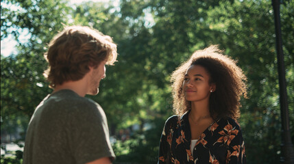 Fototapeta premium young couple enjoying conversation outdoors 