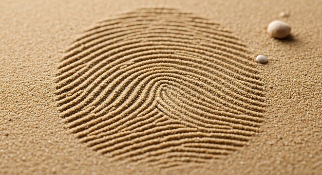 Zen sand garden with fingerprint pattern, meditative raked sand texture, conceptual identity and mindfulness background