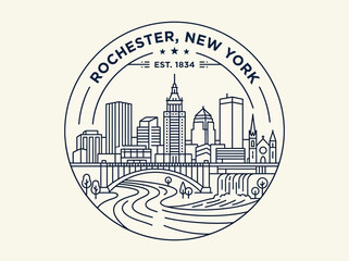 Rochester New York City Skyline Line Art Badge Featuring High Falls and Genesee River, Minimalist Vector Illustration of NY Landmarks © Dian
