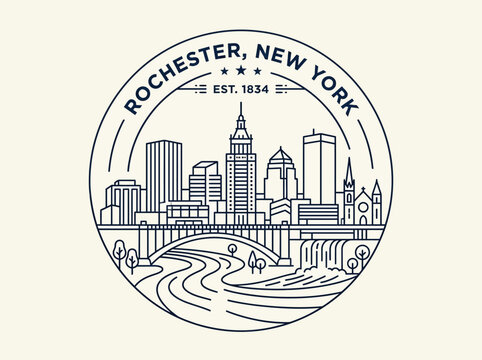 Rochester New York City Skyline Line Art Badge Featuring High Falls and Genesee River, Minimalist Vector Illustration of NY Landmarks