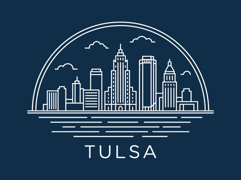 Tulsa Oklahoma City Skyline Minimalist Line Art Vector Illustration on Dark Blue Background