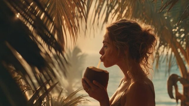 Tropical Coconut Delight: A woman takes a refreshing sip from a fresh coconut, the sun casting a warm glow, embodying tranquility and exotic flavor.