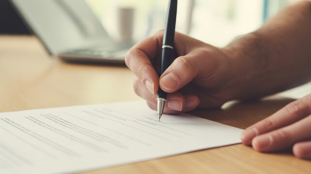  A close-up shot of a hand meticulously signing a document with a sleek pen, conveying a sense of focus, professionalism, and the importance of written agreements. 
