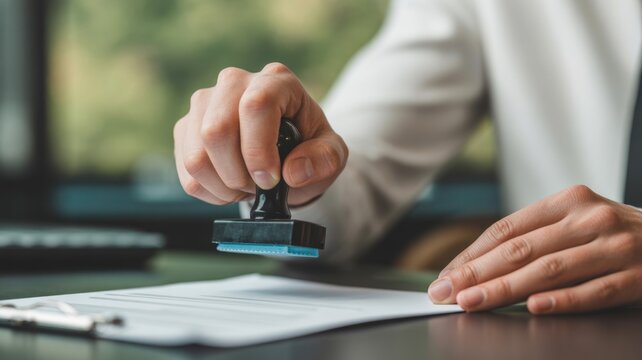  A focused individual seals a crucial document with a decisive stamp, symbolizing the confirmation, agreement, and authorization of a vital agreement or contract.