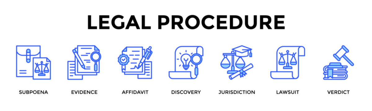 Legal Procedure  Banner Web  Icon Set Collection Pack Vector Illustration Concept Containing Subpoena, Evidence, Affidavit, Discovery, Jurisdiction, Lawsuit, Verdict