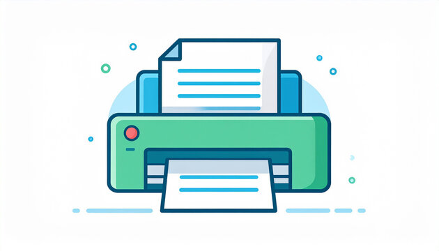 Flat design illustration of a green printer with paper output and input printing document