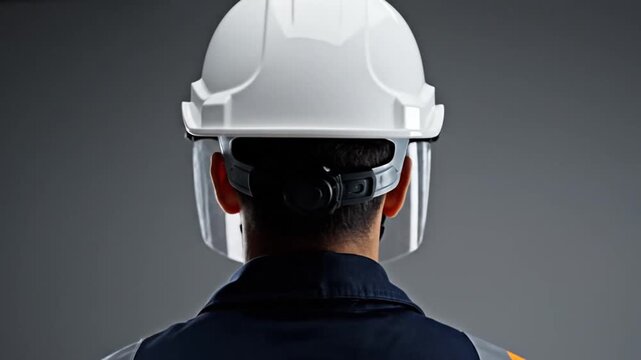 Construction worker wearing safety helmet and face shield on grey background