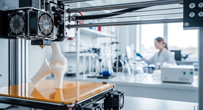 Bioengineered knee joint being fabricated by additive manufacturing equipment in a bright clinical laboratory. Perfect for medical technology and prosthetic manufacturing advertising.