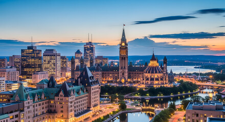 Obraz premium A beautiful twilight view of grand architectural buildings along a river with city lights reflecting in the water