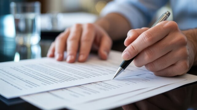 A close-up shot of hands meticulously putting pen to paper, underscoring the significance of agreements and commitments.