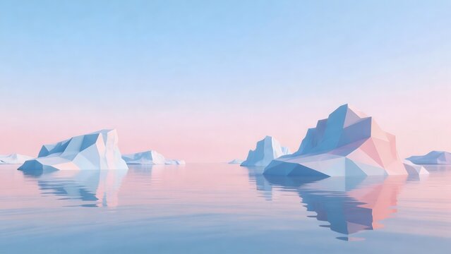 Icebergs in calm water under pastel sky