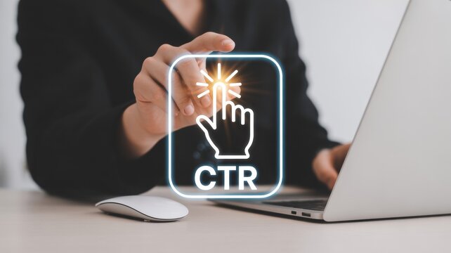 Person clicking on a digital button with ctr and cursor icon on a laptop