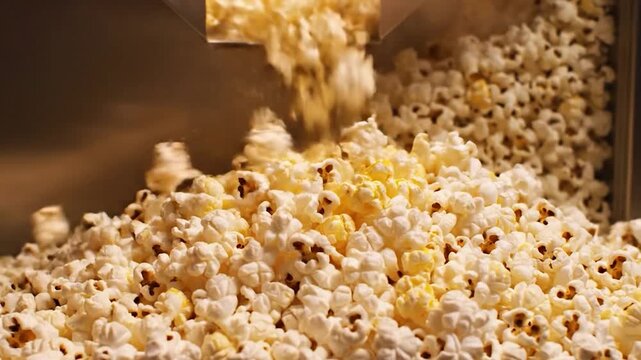 Close-up shot of freshly made, fluffy and delicious snack food pouring out of a machine, ready to be enjoyed by everyone
