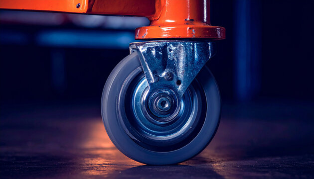 Gray rubber caster wheel attached to an orange industrial cart tire