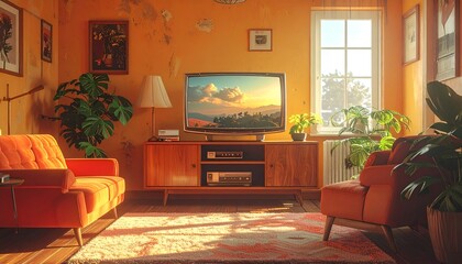 Fototapeta premium Vintage 1980s Style Living Room Interior with Television View